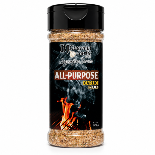 All-purpose garlic rub in a tall black spice bottle with a grinder cap; label reads 'All-Purpose Garlic Rub' (6.2 oz / 176 g).