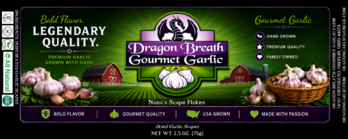 Dragon Breath Gourmet Garlic label with a purple crest and dragon logo on a green gradient, garlic bulbs and a farm scene nearby, text Nana’s Scape Flakes.