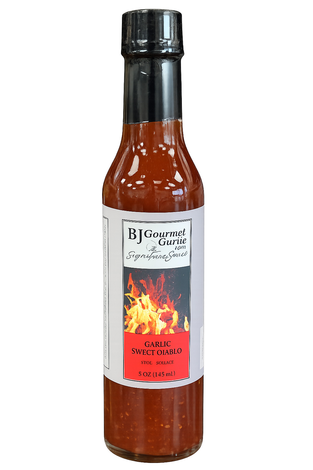 Bottle of garlic-sweet hot sauce with a fiery label and black cap, 5 oz (145 ml)