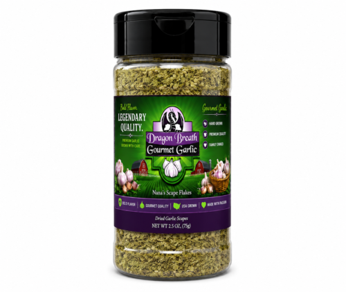 Bottle of Dragon Breath Gourmet Garlic with dried garlic flakes, green and purple label, 2.5 oz (75 g) net weight